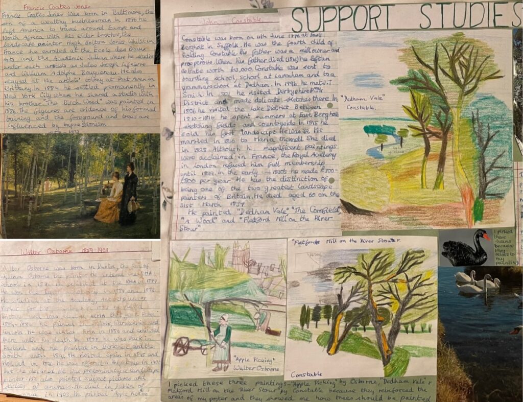 A collage of handwritten biography on Francis Coates Jones, John Constable and Walter Osborne. In addition the author has drawn copies of 'Apple Picking' by Walter Osborne, 'Flatford Mill on the River Stour' by John Constable and 'Dedham Vale' by John Constable.