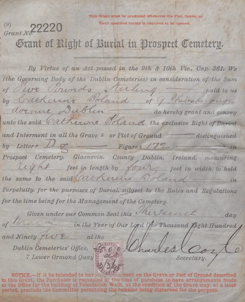 Document detailing the granting of rights to Kate Boland, of burial in Prospect Cemetery- later Glasnevin Cemetery.
