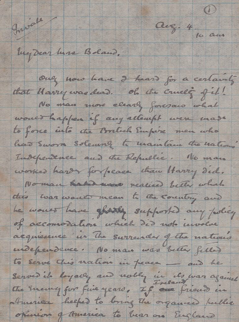 Page one of the condolence letter sent to Kate Boland, from Éamon De Valera, following the death of Harry Boland.