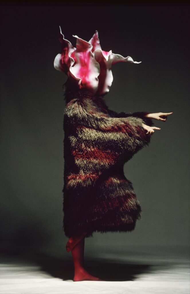 Colour fashion photograph by Alen MacWeeney. Person wearing big fur coat and head covered with what look like a flower blossom over the head. This is an example of fashion photography.