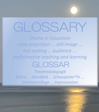 In English: Glossary - Drama in Education. voice projection...still image... hot seating... audience... performative teaching and learning. The same text is translated in German underneath.
