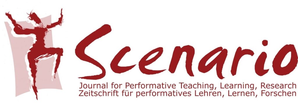 Logo and title for the journal Scenario. To the left of the title is a figure dancing. The figure and title are in red. 