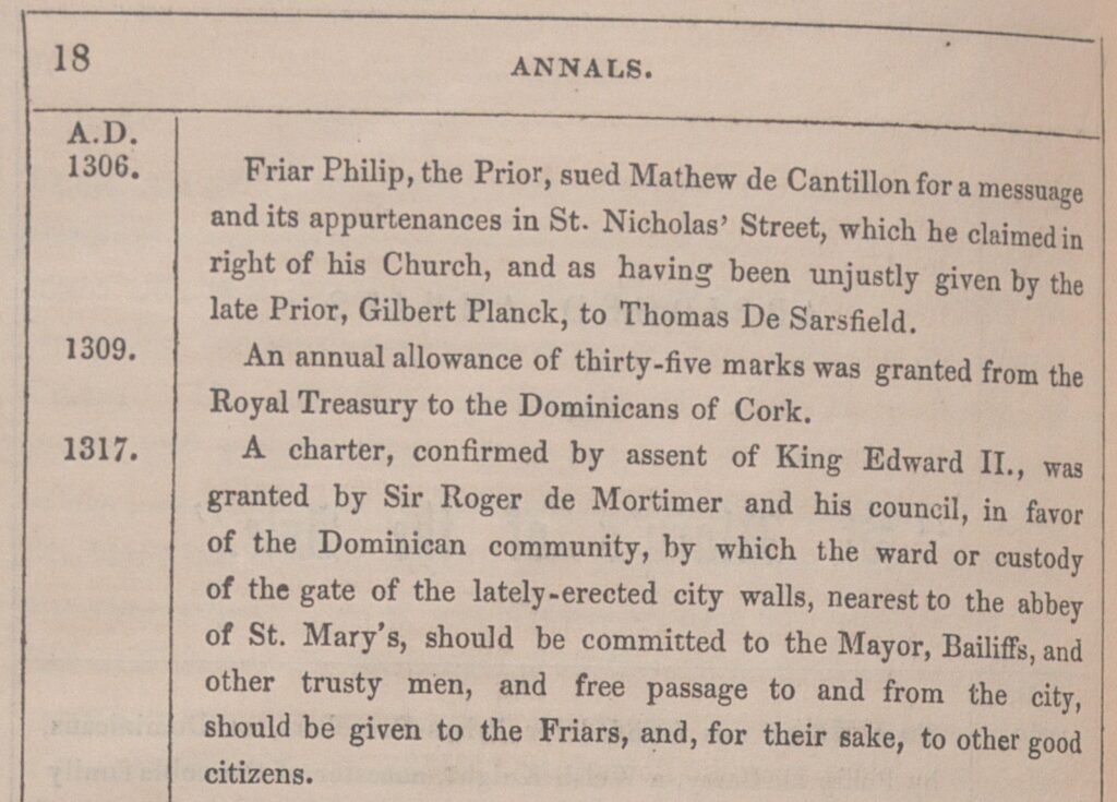 Calendar entry for 1306, 1309 and 1317 describing the privileges granted to the medieval Dominicans in Cork.