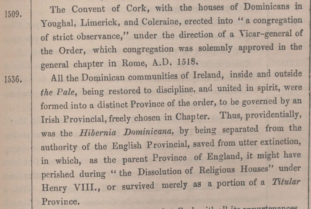 Calendar entry for 1509 and 1536 describing the houses of the Dominicans in Ireland.