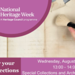 a conservator brushing dirt off a sheet of historic paper held in archives, Heritage week 2024 logo added