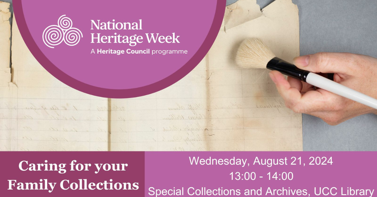 a conservator brushing dirt off a sheet of historic paper held in archives, Heritage week 2024 logo added