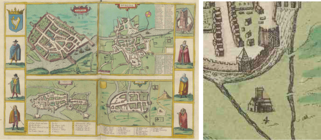 Two images. On the left is the coloured version of the page with maps of four Irish cities (Dublin, Galway, Limerick and Cork) in Civitates Orbis Terrarum, Cologne, 1618, edited by Georg Braun, engravings by Abraham Hogenberg. On the right is a coloured version of the detail showing the Dominican friary outside the walls.