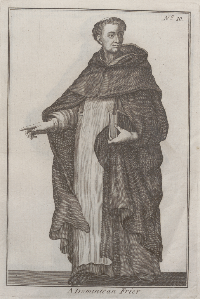 Image of a Dominican friar as an example of Dominican friars. He is dressed in a habit and is carrying a book. He is looking away to his left while his right hand points to the right. 