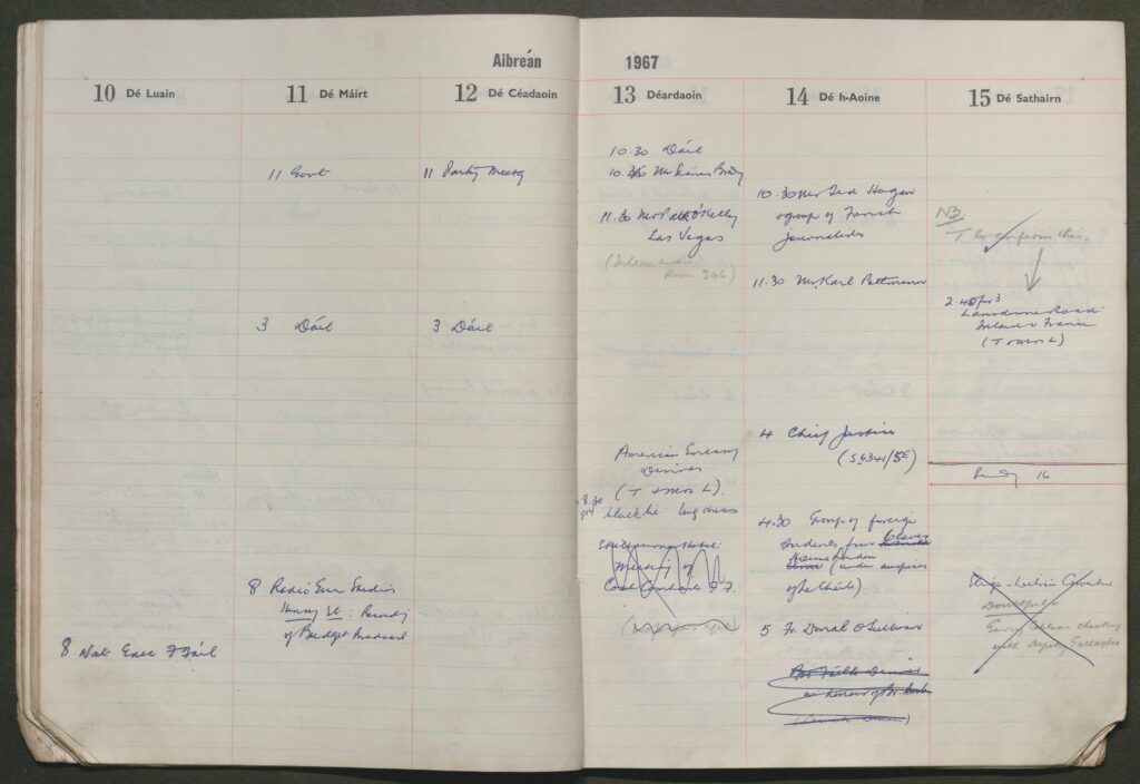 Softcover Oifig an tSoláthair Dialann [The Stationery Office Diary], for the year 1967, containing details of daily appointments, from the Jack Lynch Collection, UCC Library [IE/BL/PC/JL/1/2/1]