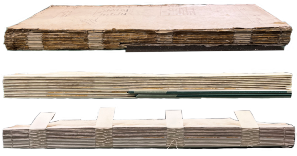 View of the spine of the ledger at three stages of conservation treatment