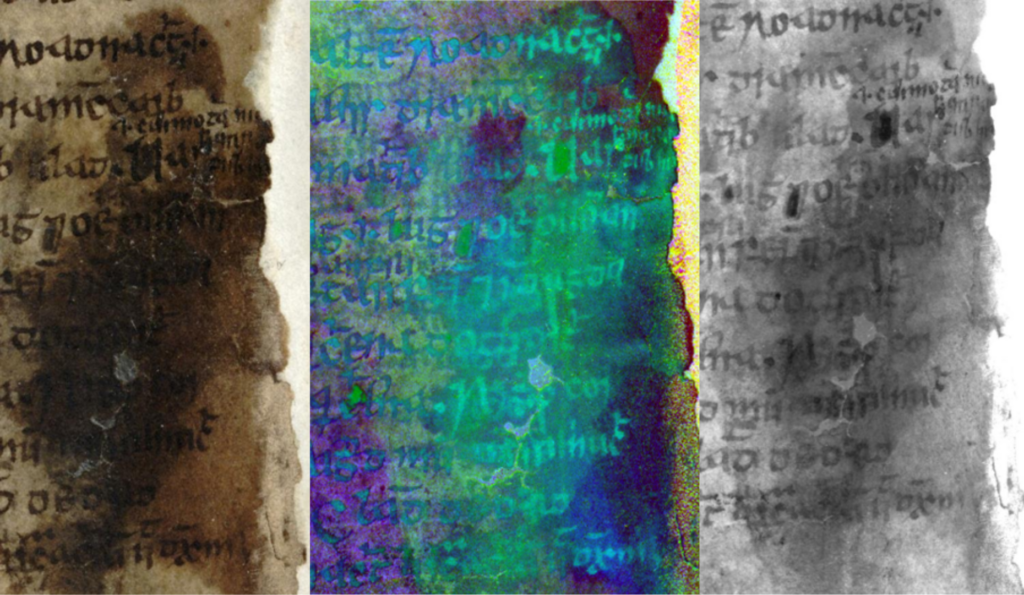 Three images in a row of an Irish vellum manuscript showing its materiality. The first is the manuscript with text and a dark splotch obscuring text. In the middle is the same page with blues and greens showing the previously obscured text. On the right is the same page in black and white showing more previous obscured text. 