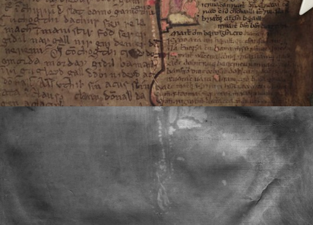 On top is a page from a manuscript with letters and decoration. Underneath is the infrared version of the same page showing rulings and scrape marks present. 