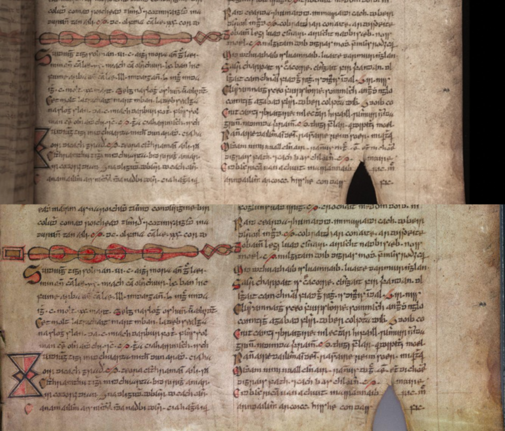 Two images of a decorated vellum manuscript page with two columns of text and more decorations and decorated letters on the left side column adjacent to the gutter. On the top some initials and decoration partially disappear into the central gutter of the codex. On the bottom these initials and decoration are clearly shown on the manuscript page. 
